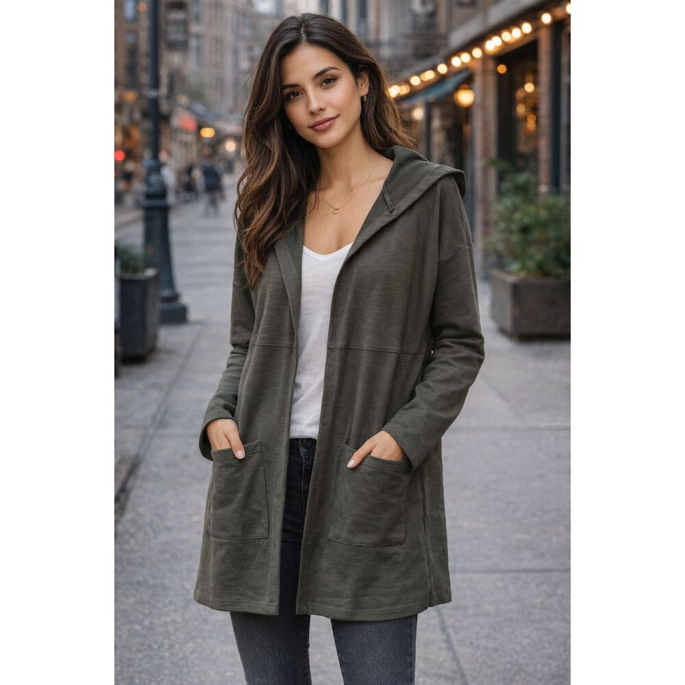 Open Front Hoodie Jacket Womens L Olive Green Cotton Blend Pockets Hem & Thread